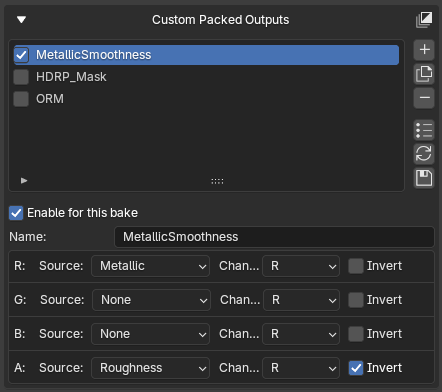 Custom channel pack settings for Metallic Smoothness