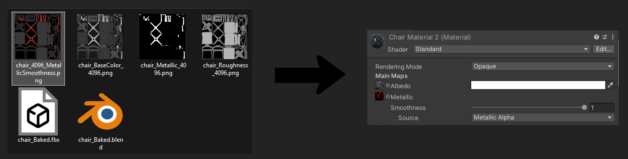 Result: one RGBA packed map driving Metallic (R) and Smoothness (A).