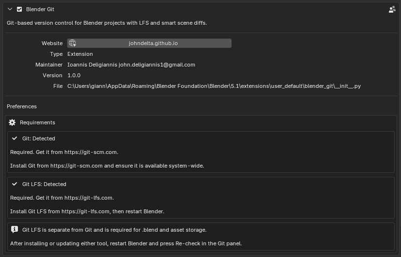 Addon preferences: Requirements section