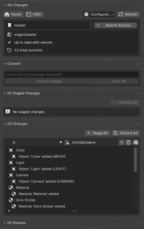 Blender Git panel showing changes