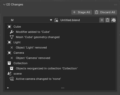 Changes panel showing readable scene diff